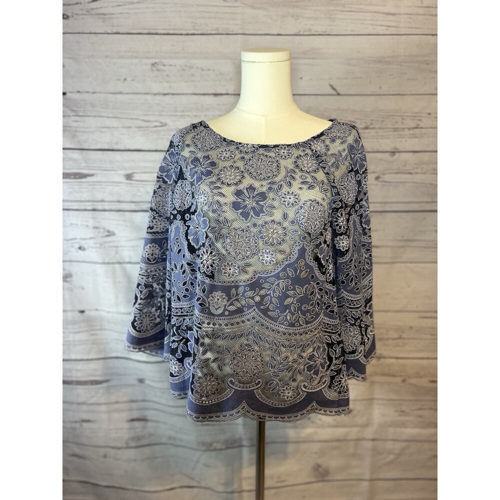 Anthropologie HD In Paris Blue Lace Floral Overlay Blouse Size 6 Boat Neck